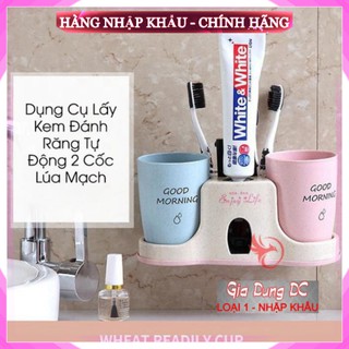 Khay nhả kem kèm 2 cốc đánh răng tự động lúa mạch - dụng cụ gắn tường tiện ích