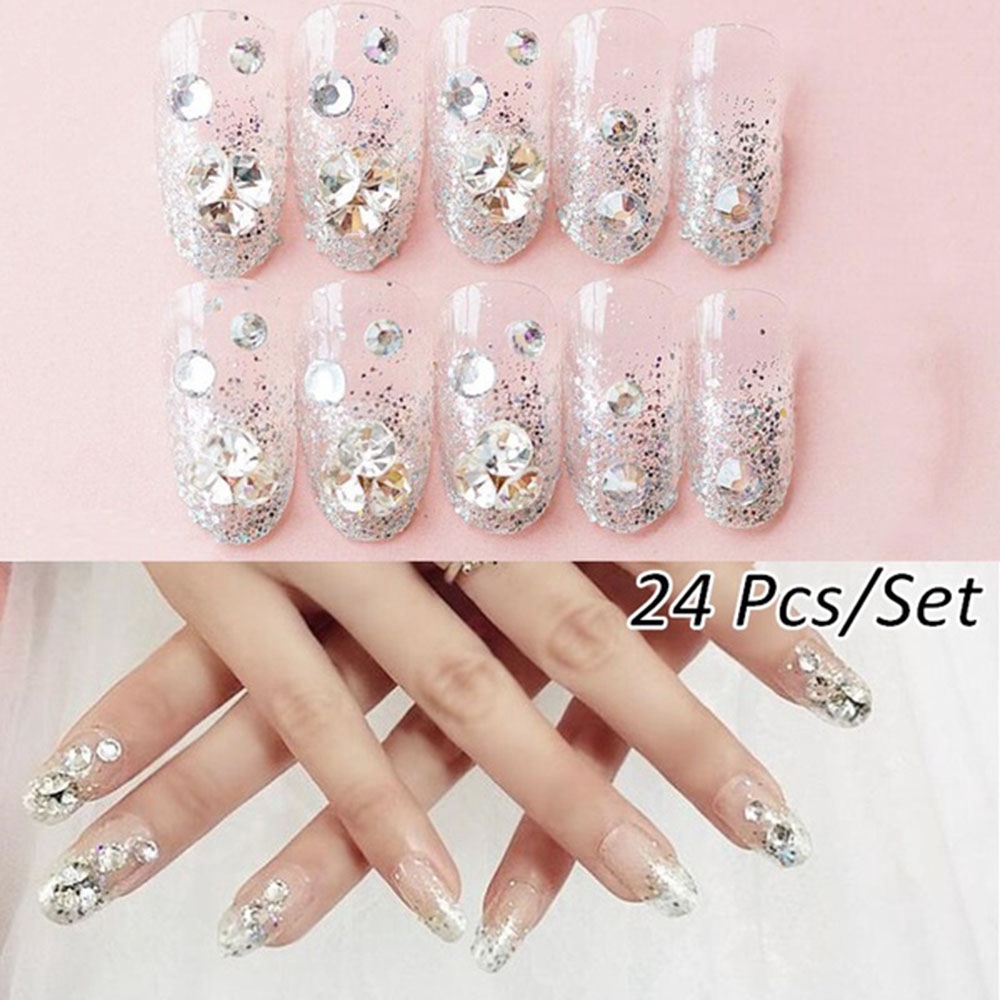 [Hàng mới về] Set móng tay giả khảm đá long lanh xinh xắn dành cho cô dâu có keo dán tiện lợi