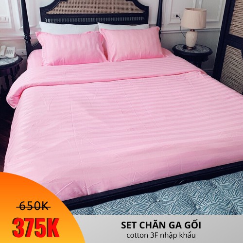 Bộ ga gối cotton kẻ 3F khách sạn màu hồng