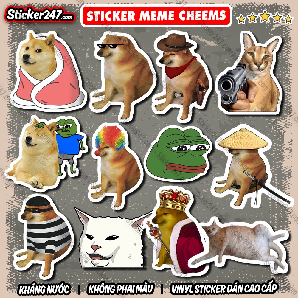 Sticker MeMe Cheems 𝑭𝒓𝒆𝒆𝒔𝒉𝒊𝒑 Sticker Dán Mũ Bảo Hiểm, Dán Vali, Đàn Guitar - Hình Dán Chống Thấm Nước - Cắt sẵn
