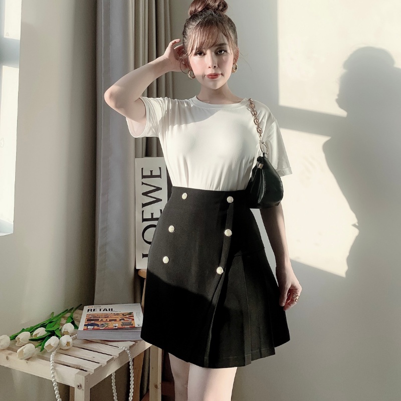 Chân váy ngắn chữ A xếp ly lưng cao 6 khuy nổi bật phong cách sang trọng vô cùng tôn dáng Mely Fashion CV06