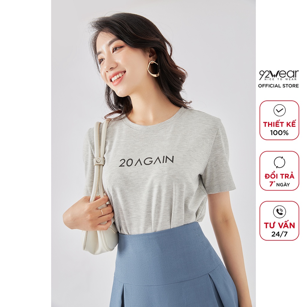Áo thun nữ cotton co giãn 92WEAR form rộng ngắn tay cổ tròn in chữ ATA2068