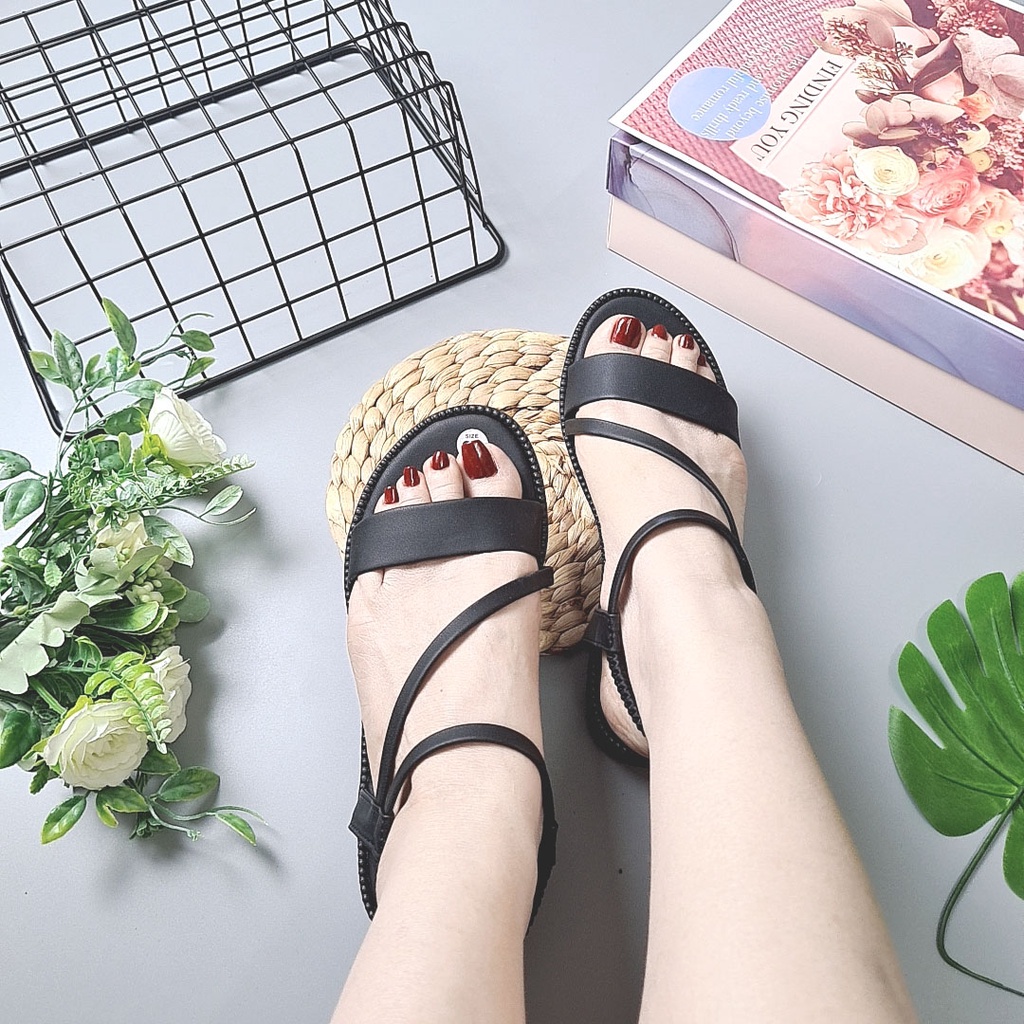 Sandal nữ đi học hàn quốc STYFANI, Giày quai hậu nữ đế bằng dây chéo quải mảnh đi êm chân
