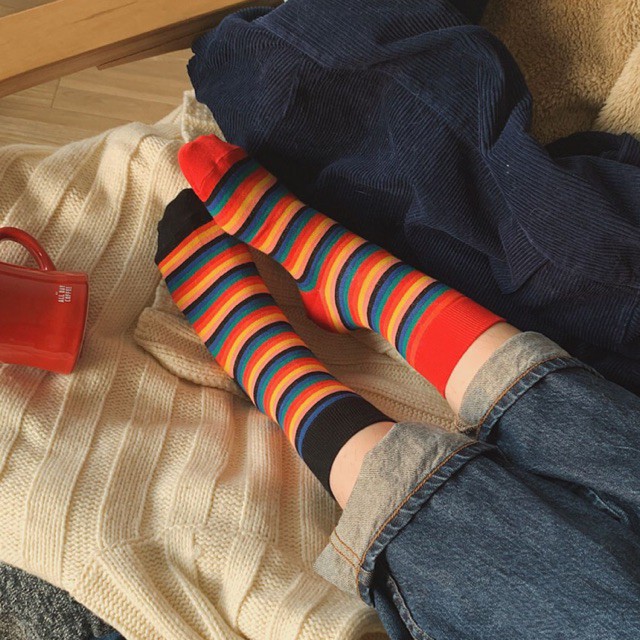 THE ROMAN STRIPE - Tất vớ cao cổ nữ kẻ ngang nhiều màu sắc nổi bật, nhập khẩu Hàn Quốc