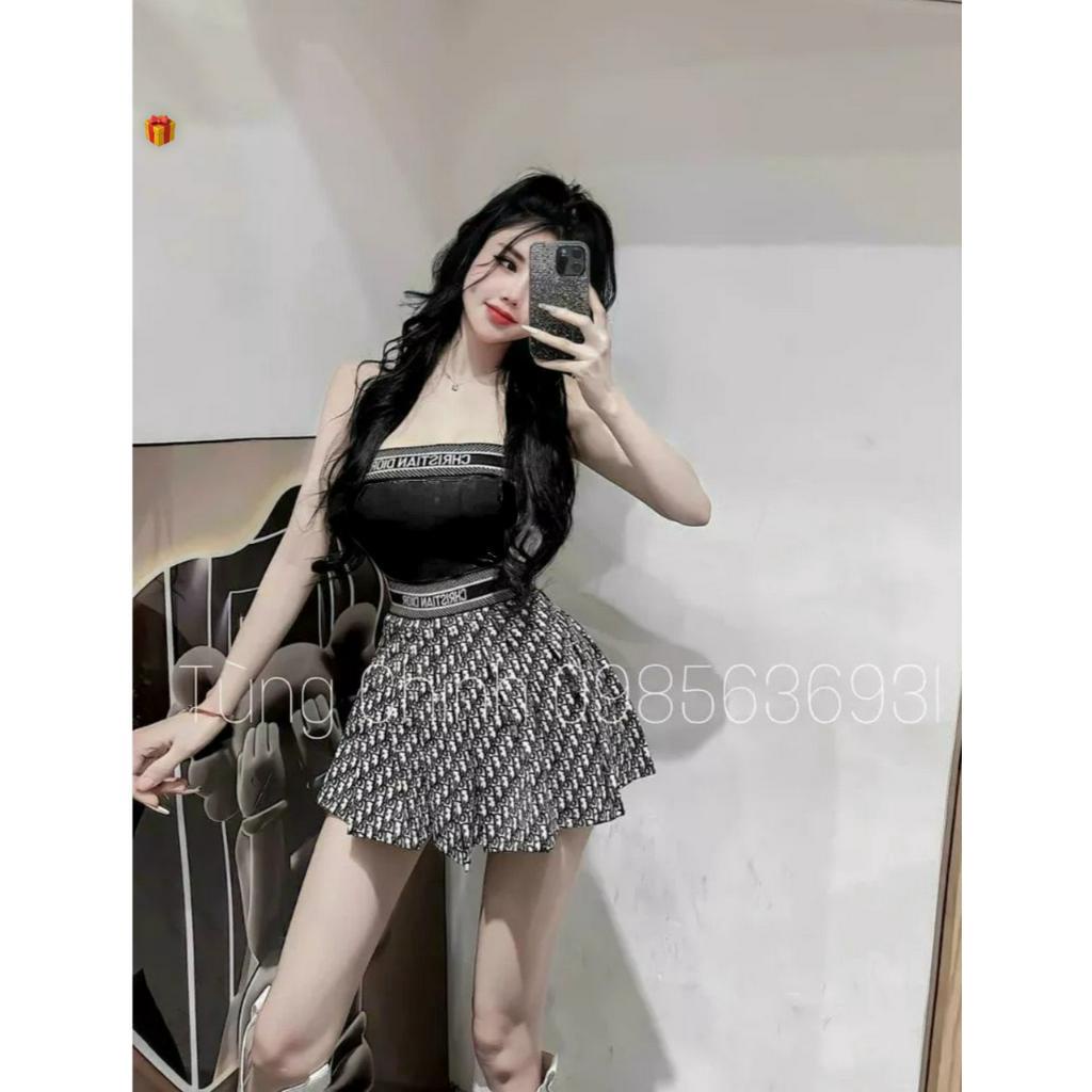 Set nữ áo ống croptop mix chân váy xòe dáng ngắn kèm đai in chữ chất thun bozip xinh hot