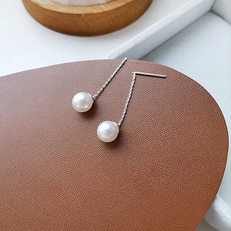 Khuyên tai bạc Khuyên tai Ngọc Trai nhân tạo xỏ móc xích cổ điển Van Jewelry V10440