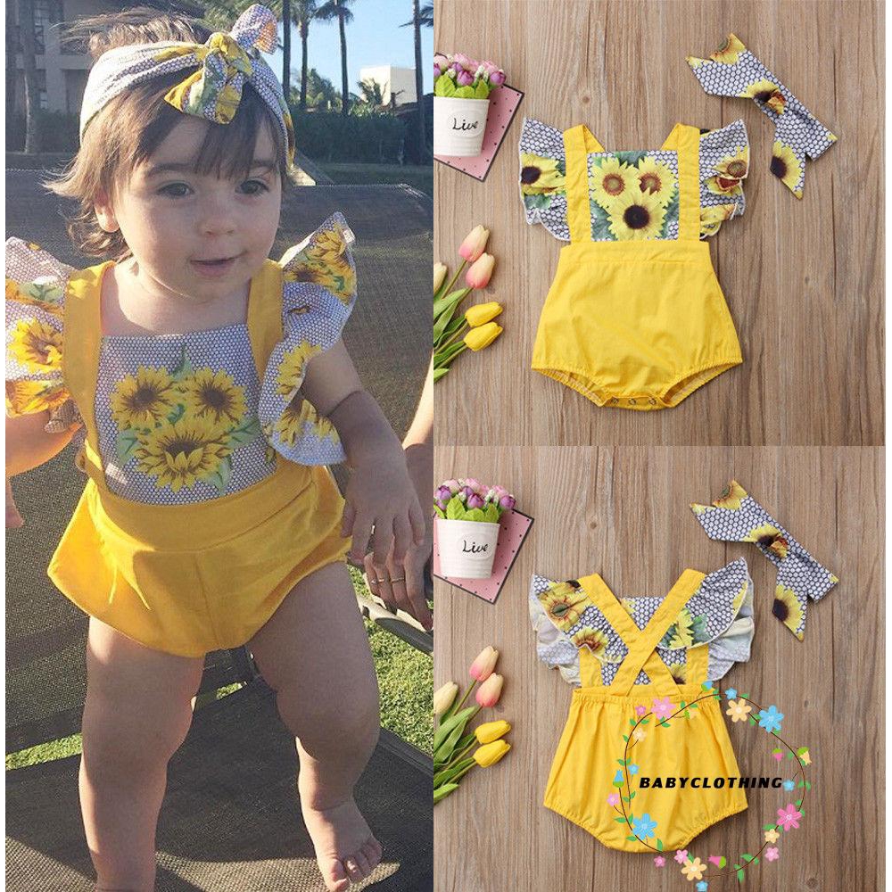Set áo liền quần ngắn tay + băng đô dễ thương cho bé gái