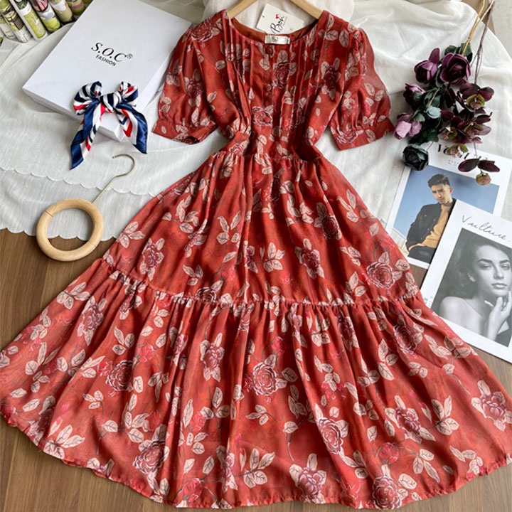 Váy hoa tiểu thư Tay bồng cổ xếp li nhẹ, nút bọc Chất von tơ cực xịn, Tùng rộng, phom dài sang- Yubishop YBLMV141
