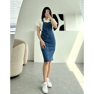Váy Yếm Jeans nữ màu xanh trung co giãn thoải mái thời trang thương hiệu Five Jeans