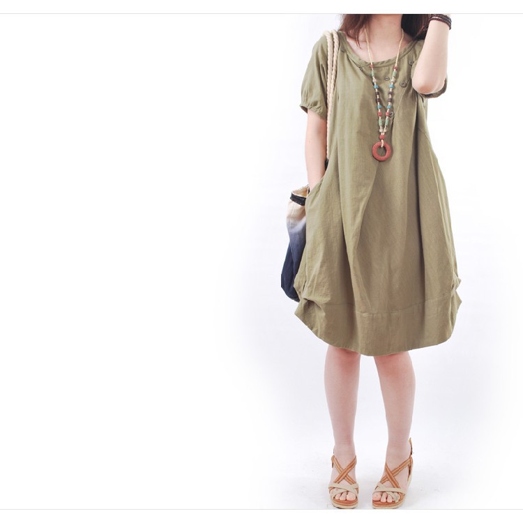 FREESHIP ĐƠN 99K_ Đầm Cotton Lanh Ngắn Tay Dáng Rộng Cho Mẹ Bầu