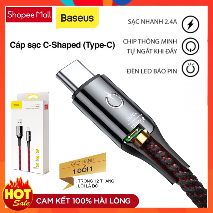 Cáp sạc Type-C tự ngắt điện khi sạc đầy Pin Baseus C-shaped Light Intelligent 3A dài 1m - Cho Samsung , Xiaomi , OPPO