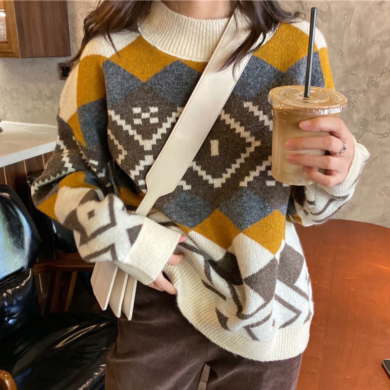 Áo Sweater Tay Dài Thời Trang Trẻ Trung 198524 Áo Len Cổ Tròn Form Rộng Màu Sắc Tương Phản Phong Cách Retro