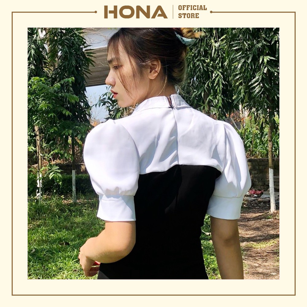 Váy Đầm chữ A đen trắng tay bồng cổ sơ mi - Váy thiết kế nữ sinh dáng ôm sang trọng lịch sự HONA230 | WebRaoVat - webraovat.net.vn
