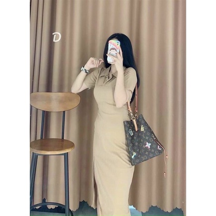 Đầm Váy Nữ Body Cổ Sơ Mi, Đầm Nữ Sẻ Tà Dáng Dài Siêu Tôn Dáng, Đầm Thun Trơn Basic