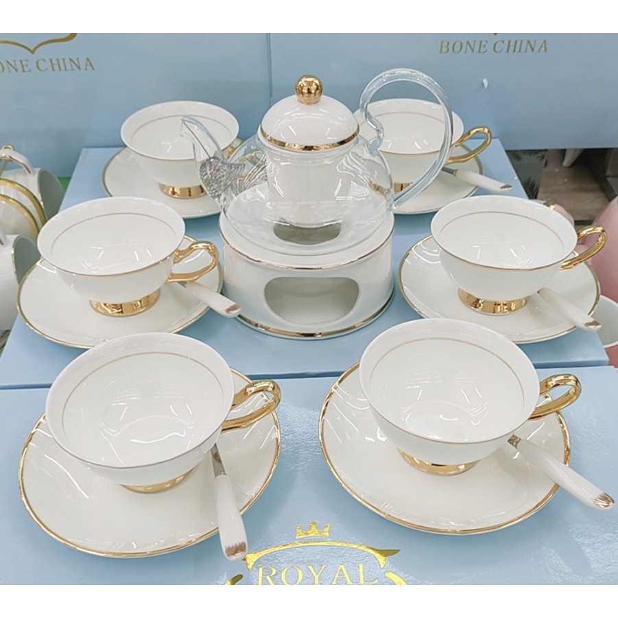 BỘ ẤM CHÉN SỨ XƯƠNG KÈM BẾP CHÂM TRÀ MÀU TRẮNG VIỀN VÀNG CAO CẤP
