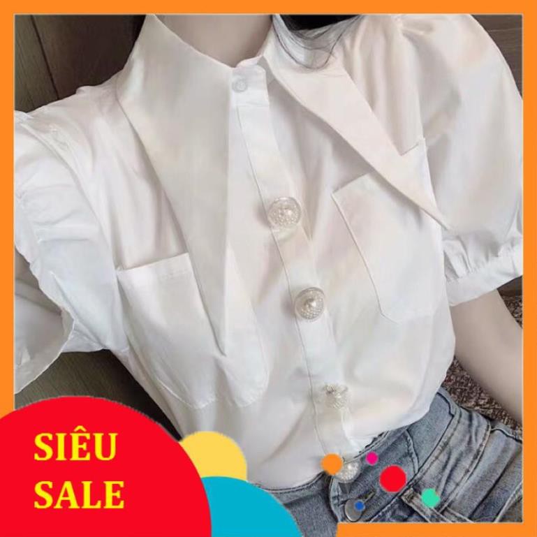 RẺ NHẤT SHOPEE áo sơmi tay ngắn cổ xéo nhọn tam giác dài kiểu nút hai túi tay ngắn phồng