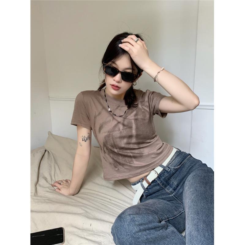 ⊙✙✷Áo Thun Ngắn Tay Nhuộm Màu Phong Cách Retro Mùa Hè Mới Dễ Phối Đồ Cho Nữ