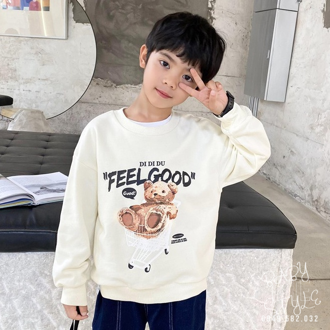 Áo nỉ sweater &quot;FEEL GOOD!&quot; 14-45kg cho bé trai, bé gái. Chất nỉ da cá đẹp. Phong cách Hàn Quốc. B37
