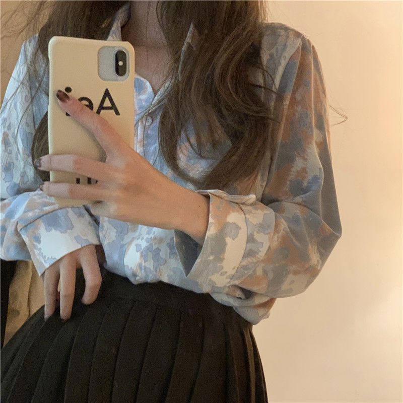 Áo sơ mi BH tay dài dáng rộng nhuộm màu kiểu retro thời trang mùa thu 2022 cho nữ