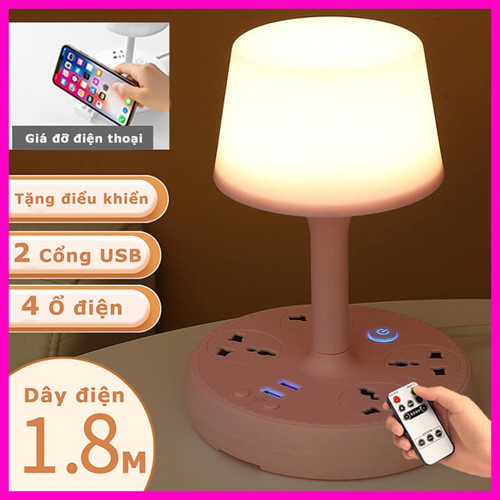 Đèn ngủ để bàn decor phòng đa năng kiêm ổ cắm điện thông minh chịu tải 2500W, tích hợp 2 cổng sạc USB, Có điều khiển