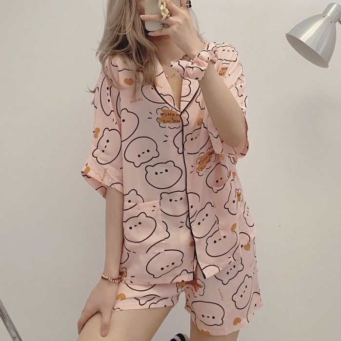 COMBO Bộ Ngủ Pijama Chất Lụa Hoạ Tiết Dễ Thương Kèm Dây Buộc Tóc Scrunchies | BigBuy360 - bigbuy360.vn