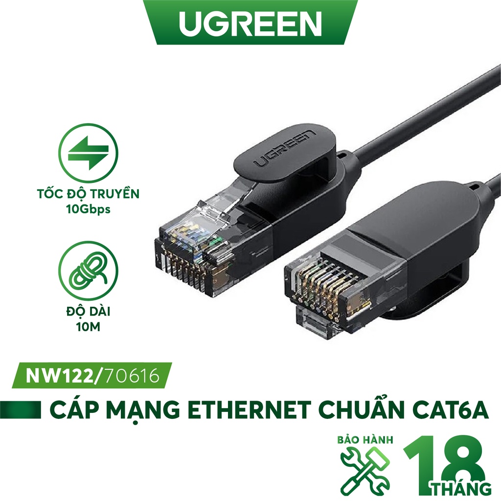 Dây cáp mạng Ethernet chuẩn CAT6A đầu cắm RJ45 siêu mỏng, hỗ trợ tốc độ nhanh lên đến 10Gbps dài từ 0.5-2m UGREEN NW122