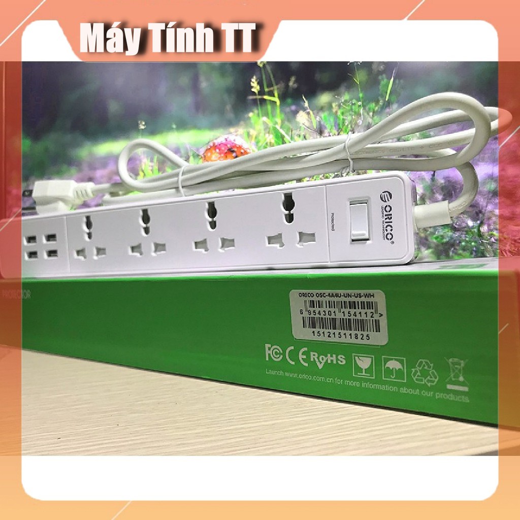 Ổ cắm điện Orico chống sốc 3200w Kèm 4 cổng sạc USB 2,4A - OSC-4A4 TẶNG KÈM DÂY NGUỒN LÕI ĐỒNG 1,5M- Máy tính TT