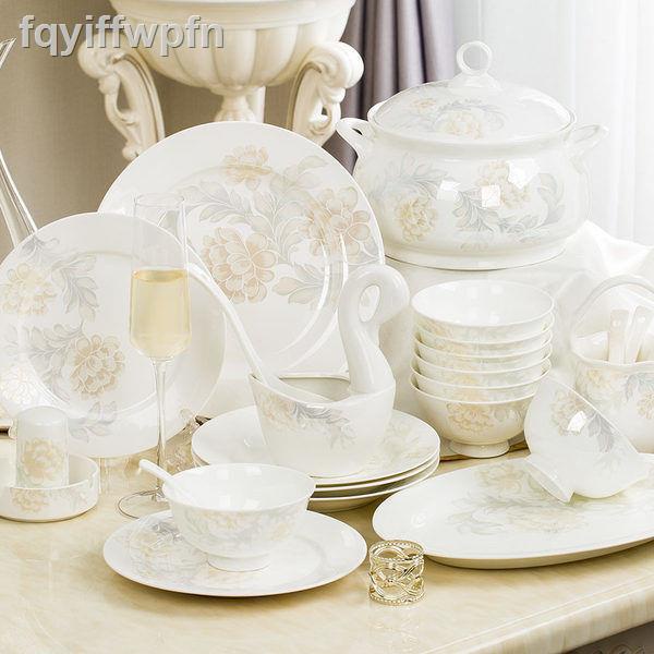 ▫fqyiffwpfnJingdezhen Cao cấp Xương Trung Quốc Bộ đồ ăn Gốm sứ Đĩa Muỗng Đũa quà tặng Trang chủ Miễn phí 2 bát mì