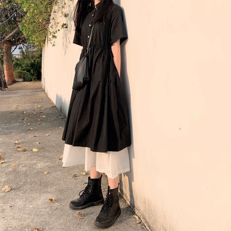 Váy ULZAANG Đen Dáng Dài 2 Tầng Tay Ngắn (Có hình thật ở cuối) | BigBuy360 - bigbuy360.vn