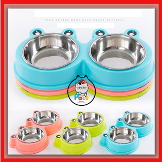 Bát ăn đôi nhựa ếch đựng thức ăn lòng inox cho chó mèo