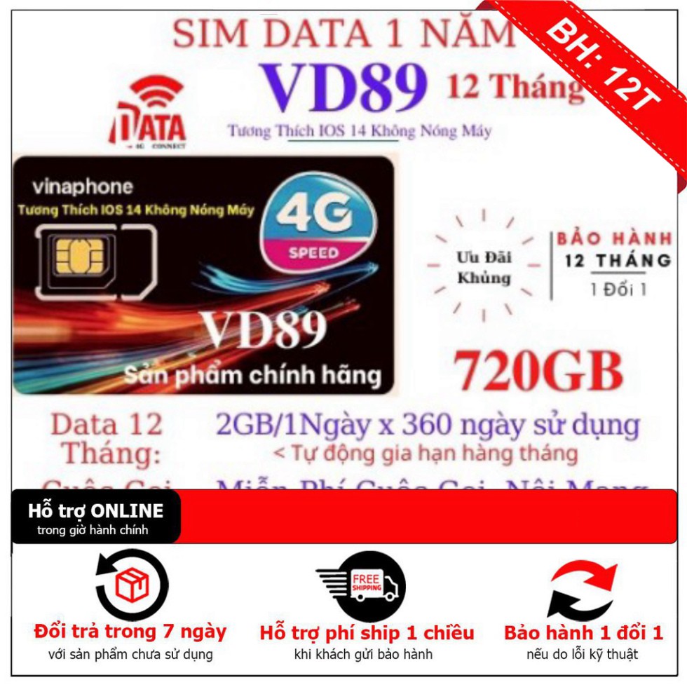 BUNG NÔ GIÁ [FreeShip] Sim 4G Vina VD89 VD149 Miễn Phí Data 2GB - 4GB 1 Ngày Và Gọi 12 Tháng Không Cần Nạp Tiền BUNG NÔ 