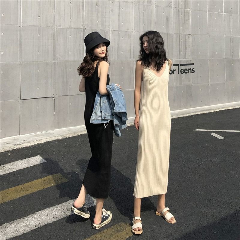 Đầm Dệt Kim Không Tay Cổ Chữ v Màu Sắc Đơn Giản Thời Trang