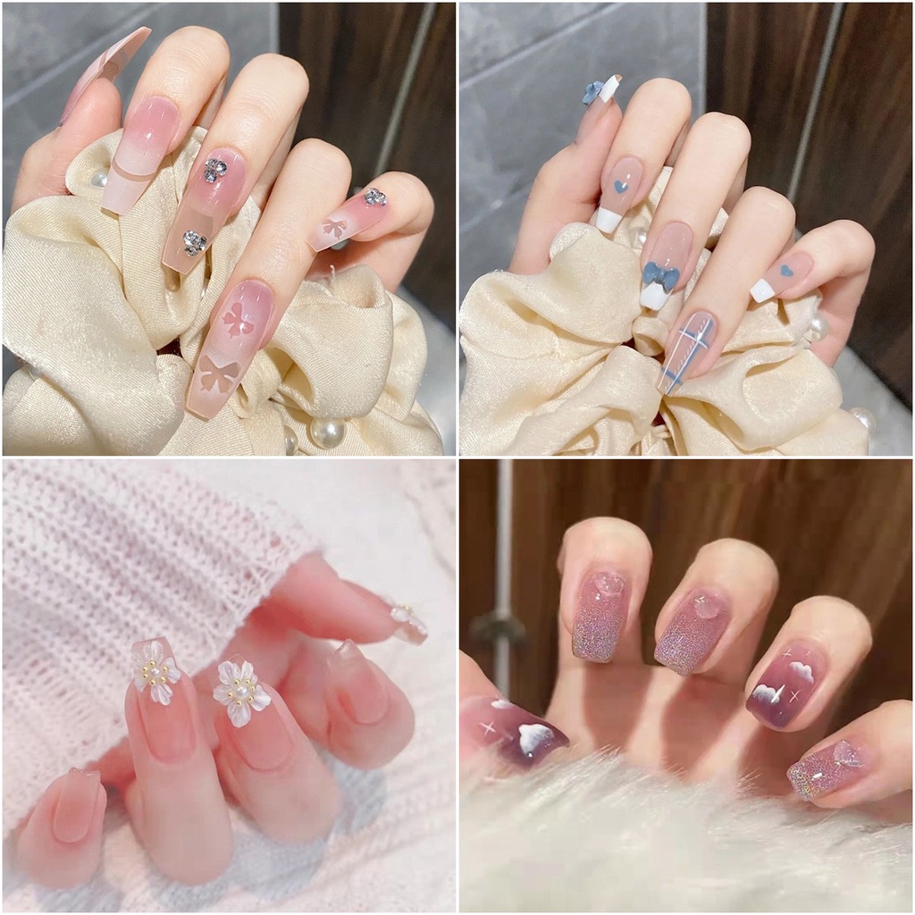 Set 24 móng tay giả đầu nhọn màu trắng in họa tiết độc đáo xinh xắn / Móng Tay Giả Keo Dán Hai Mặt