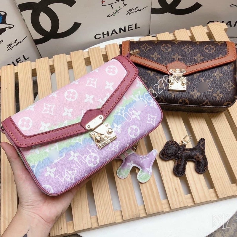Túi xách Nữ - túi đeo chéo- kẹp nách lv kèm phụ kiện bản 2 dây( có video và ảnh shop quay) hàng lót nhung dập logo