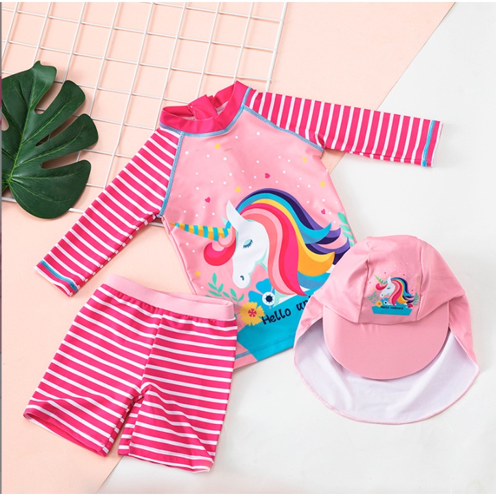 Đồ Bơi 2 Mảnh Pony Kèm Mũ, Bộ Bơi Bé Gái Họa Tiết Dễ Thương, Tay Lỡ, Chất Thun Lạnh Co Giãn Chống Nắng, Kháng Clo