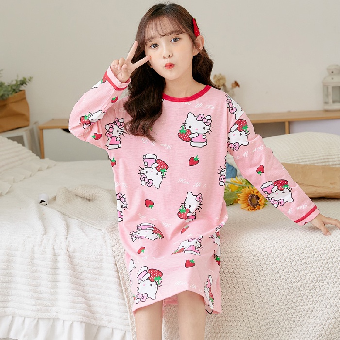 Đầm Ngủ Tay Dài Chất Cotton In Họa Tiết Hoạt Hình Dễ Thương Cho Bé Gái