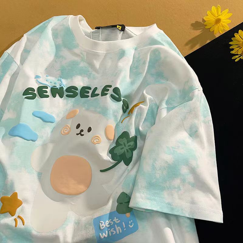 Áo Thun Tay Ngắn Cổ Tròn Dáng Rộng In Họa Tiết Chú Gấu Hoạt Hình Phong Cách Nhật Bản Thời Trang Mùa Hè Cho Bé Gái 11-14 Tuổi