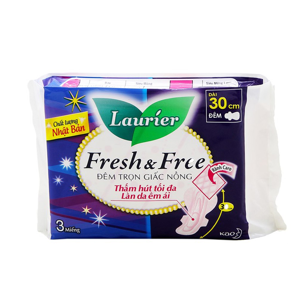 Băng vệ sinh Laurier Fresh &amp; Free Đêm Siêu Chống Tràn 30cm 4M