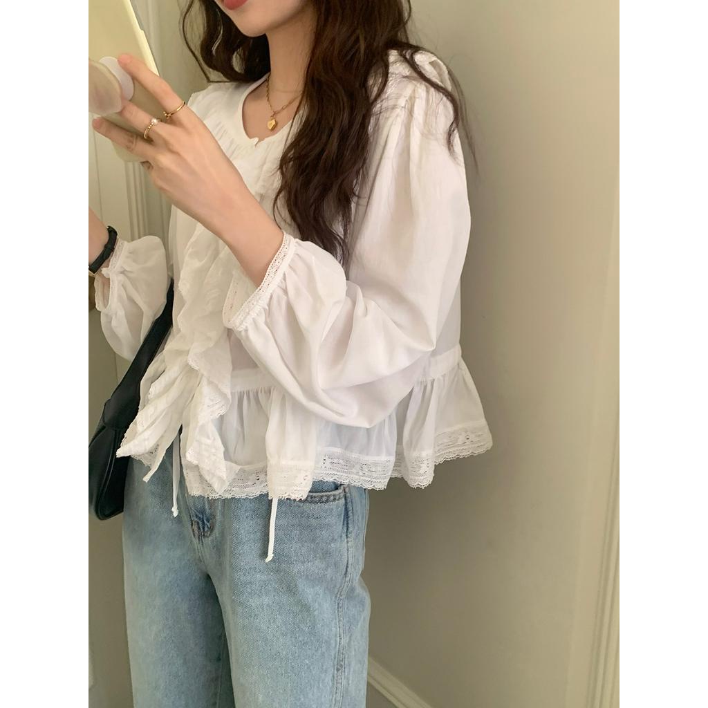 Áo Sơ Mi Phối Ren Dáng Ngắn Thời Trang Sành Điệu 61766