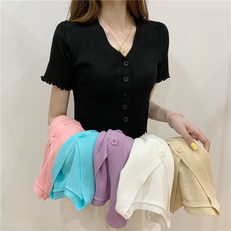 Áo Cardigan Dệt Kim Mỏng Cổ Chữ V Tay Ngắn Màu Sắc Đơn Giản Phong Cách Hàn Quốc Cho Nữ