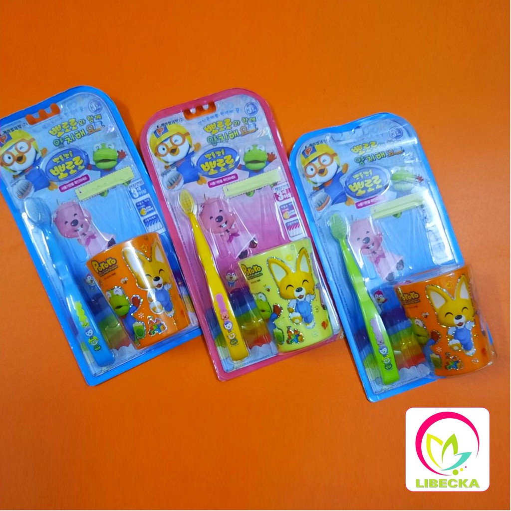 Set bàn chải đánh răng và cốc hoạt hình Pororo cao cấp ngộ nghĩnh đẹp dễ thương cho bé trai bé gái giá rẻ LIBECKA BCC01