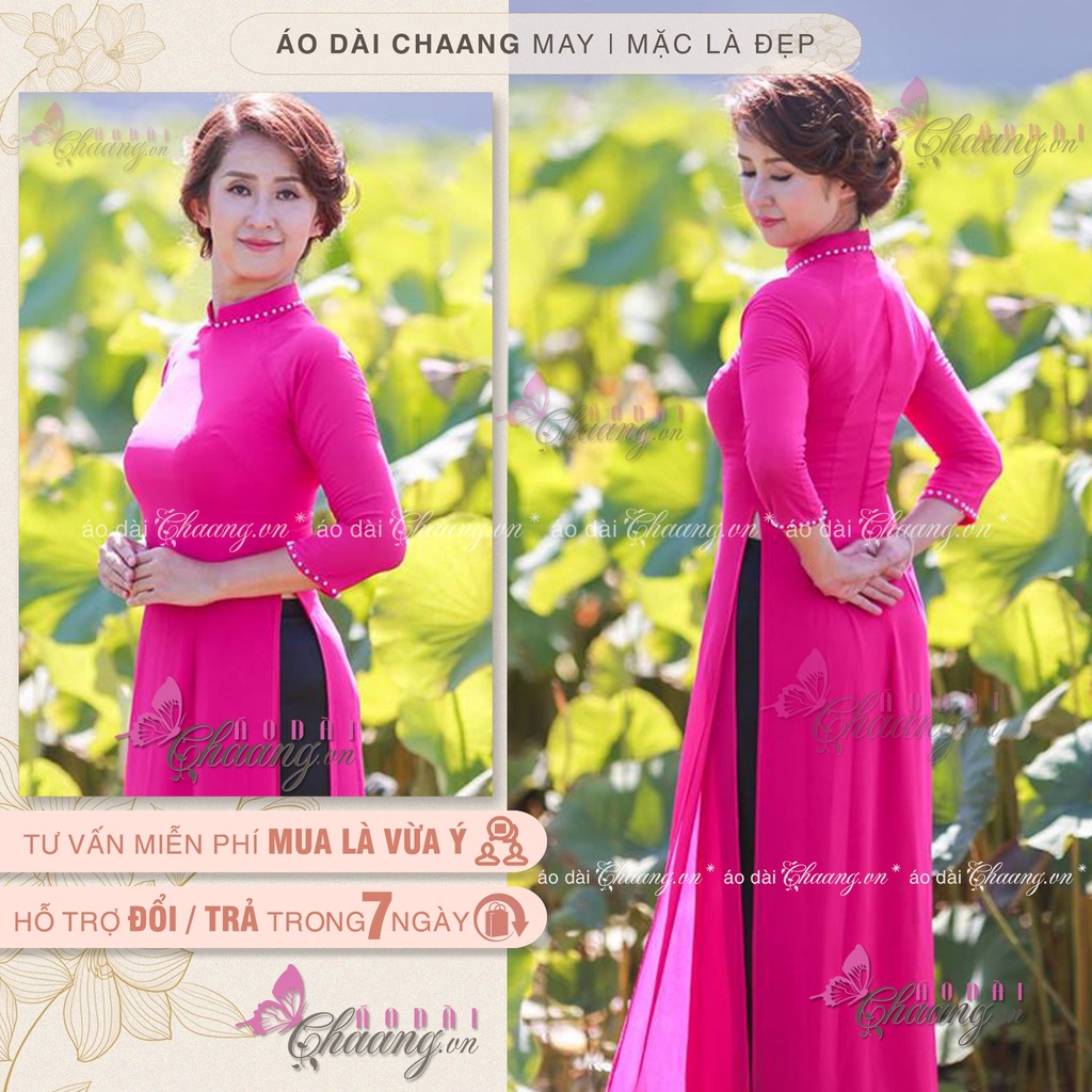 Áo dài 4 tà hồng sen đỏ_Chaang_May sẵn áo truyền thống đính đá ngọc, vải lụa đẹp