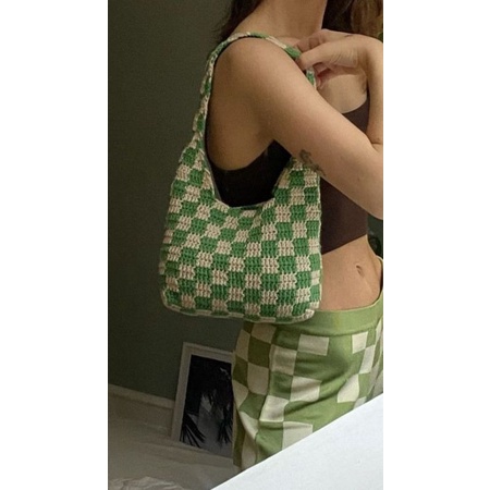 Túi len Checkered- túi len caro handmade