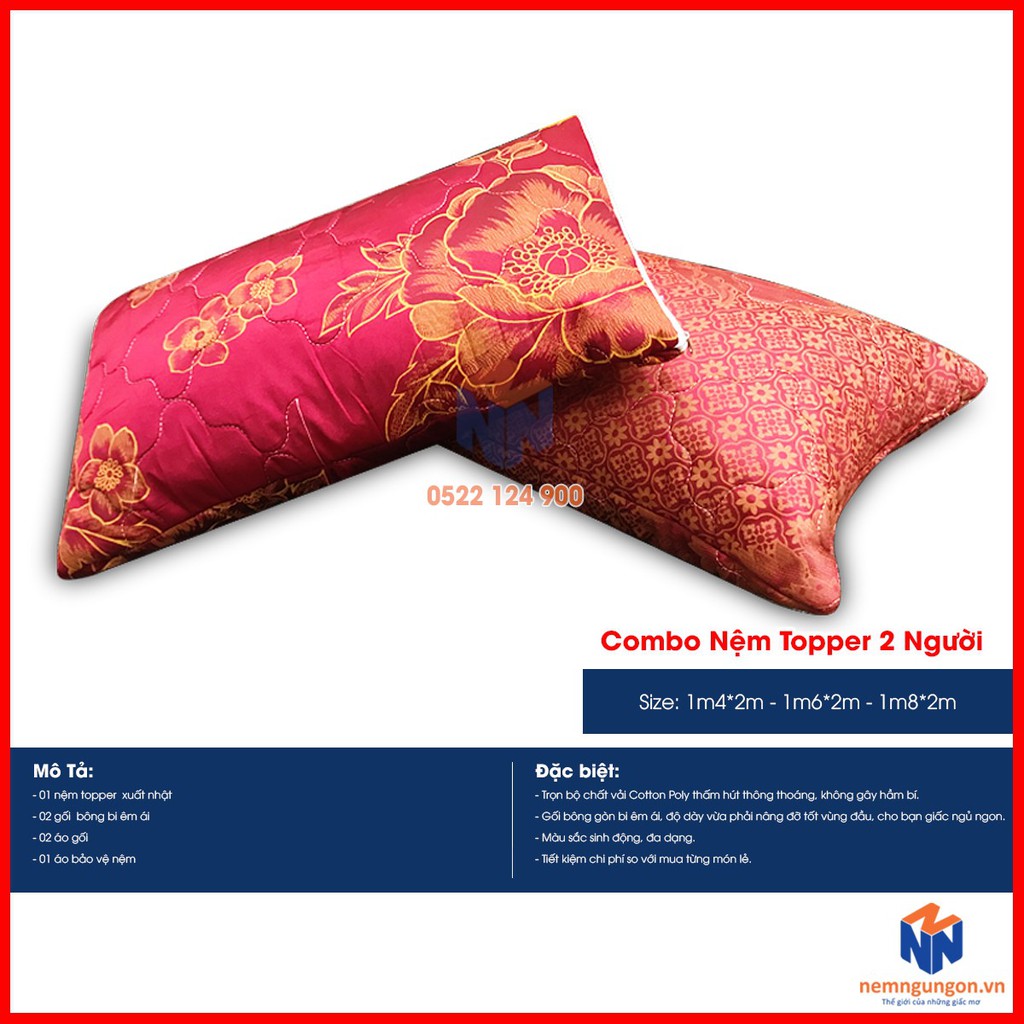 Combo trọn bộ sản phẩm nệm bông xuất Nhật - nệm topper Nhật - đồng bộ màu sắc [Đủ size] - Màu ngẫu nhiên