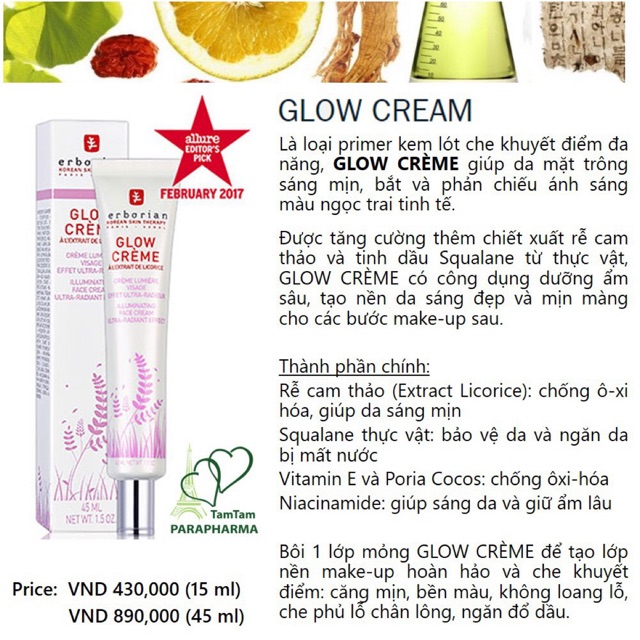 🇫🇷 ERBORIAN 🇰🇷 Kem tạo hiệu ứng Primer Glow Cream 💞 TamTam 💞