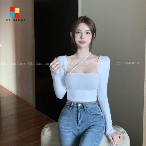 Áo croptop ❤️ Áo thun nữ tay dài ôm body chất borip co dãn dây chéo cổ phong cách Ulzzang hottrend Hải Lan TA22