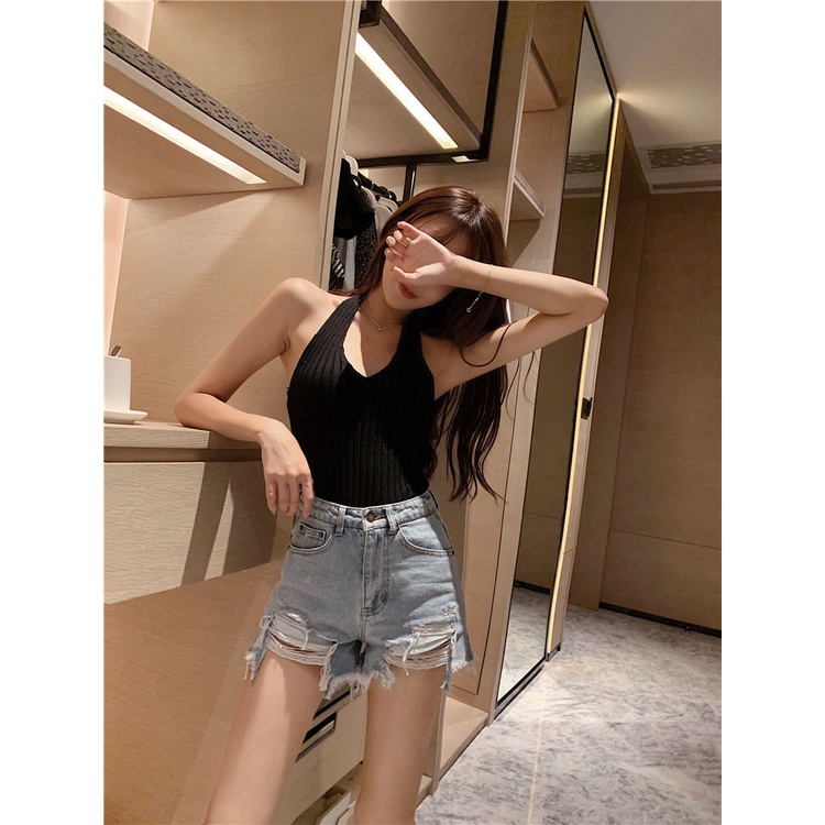 Cocory vn Quần Short Denim Lưng Cao Phối Rách Thời Trang Mùa Hè Quyến Rũ Cho Nữ