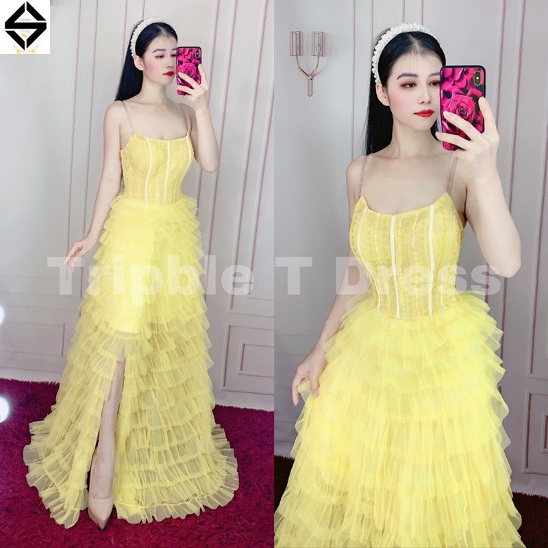 Đầm maxi TRIPBLE T DRESS cúp xếp tầng kết cườm - size M/L - MS348V