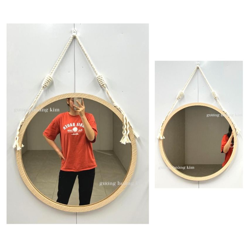 Gương tròn decor ,gương viền gỗ treo tường dây thừng tặng full phụ kiện đường kính 40cm MIRRORTOCTOC KGR01