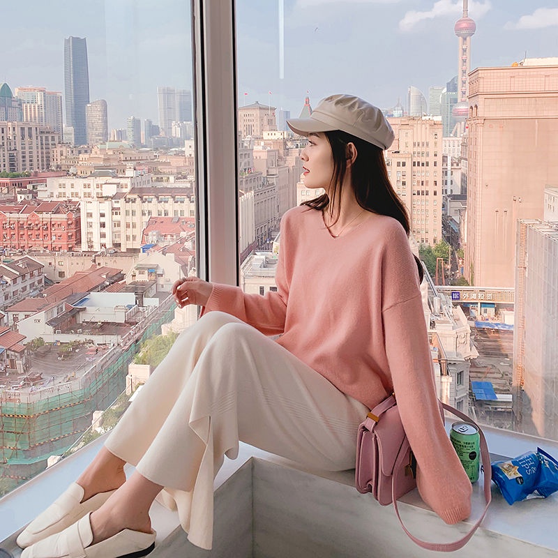 Áo Sweater Dệt Kim Cổ Chữ V Dáng Rộng Phong Cách Hàn Quốc Thời Trang Mùa Thu Cho Nữ